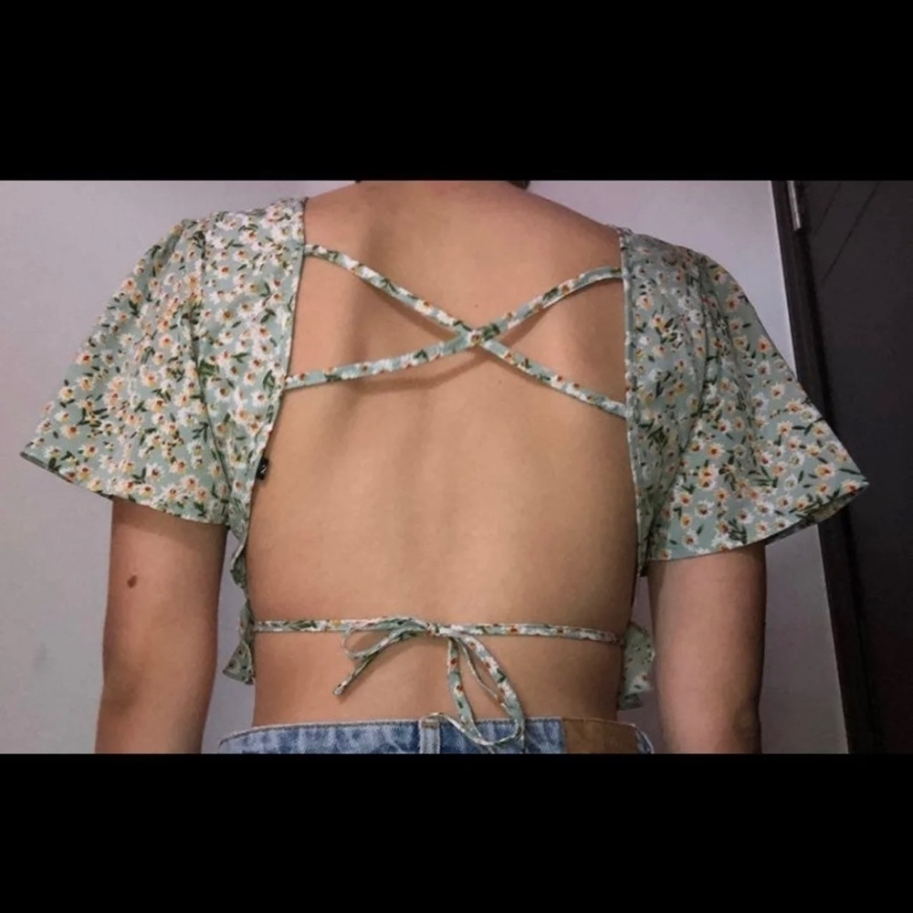 Floral Cross Ruffle Tie Top